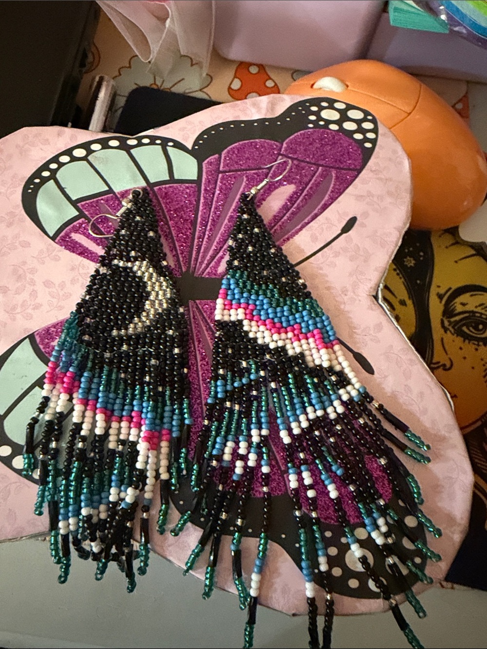 Beaded Fringe Moon & Teal Statement Earrings
